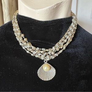 Vintage Jewelry Stacking Necklaces lot of 2 Shell Pearl Chain Silver Mermaid
